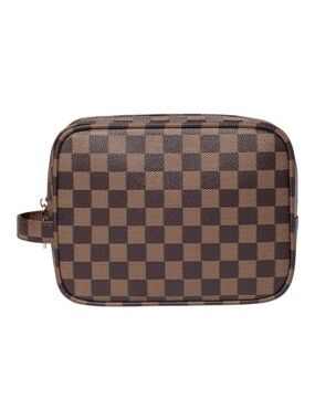 NWT Daisy Rose Cosmetic Toiletry Travel Bag - Brown Checkered - Vegan Leather
